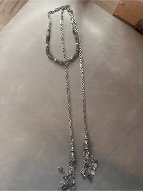 Chocker/tie sterling  Silver-Tone Beaded Tassel Lariat Necklace - Gray